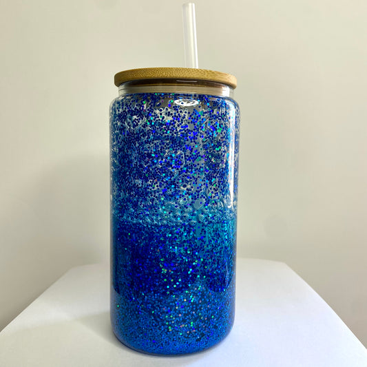 16oz Glass Snow Globe Cup - Blue Glitter