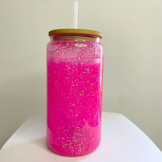 16oz Glass Snow Globe Cup - Pink Glitter