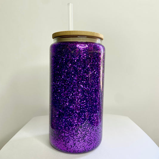 16oz Glass Snow Globe Cup - Purple Glitter